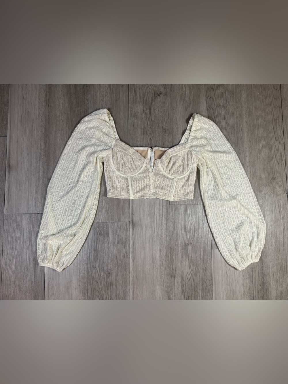 Women’s Boho Ivory Lace Square Neck Puff Long Sleeve Zip Back Crop Blouse Size S